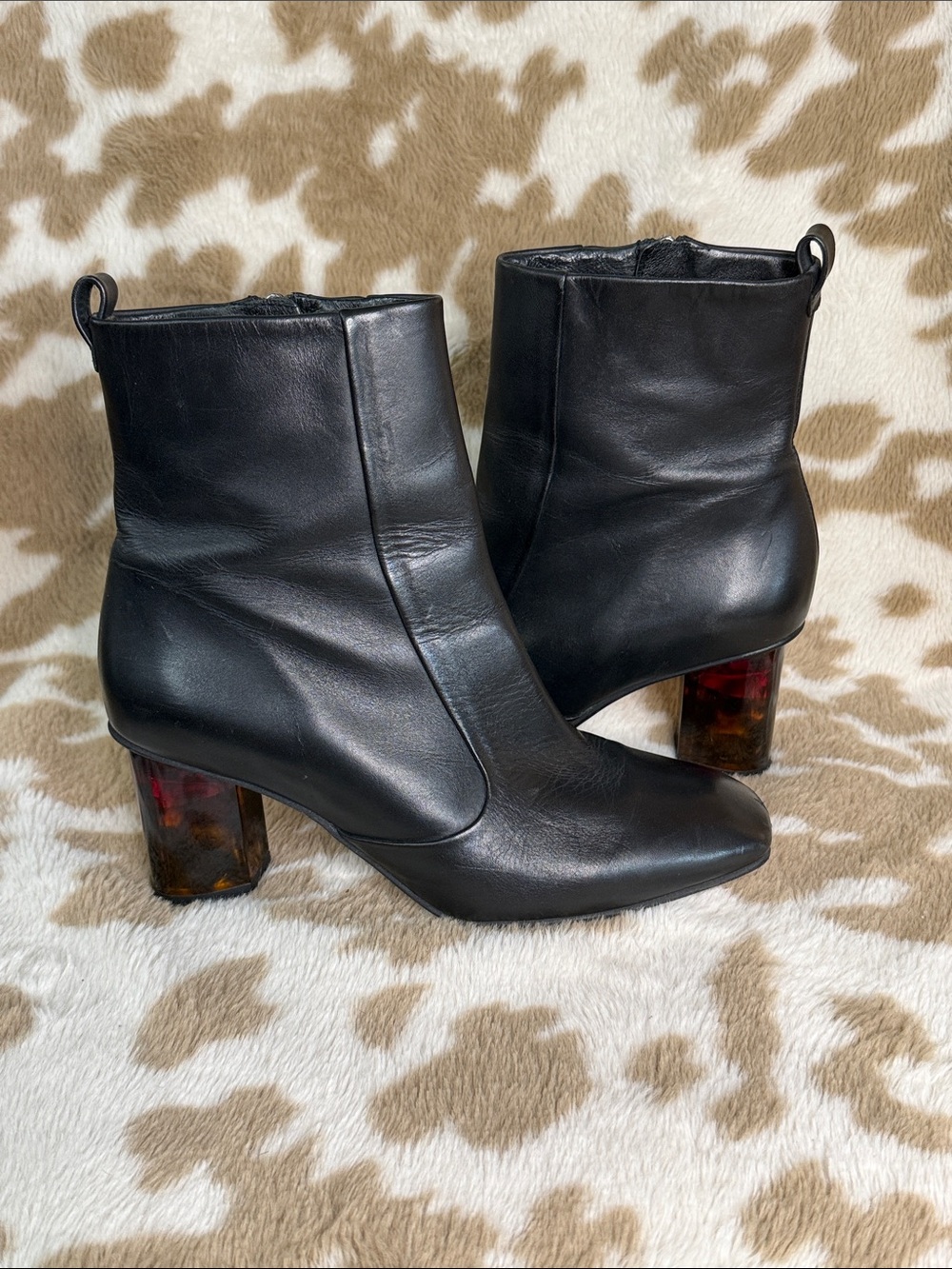 Kurt Geiger Black Leather Ankle Boots with Tortoiseshell Block Heel